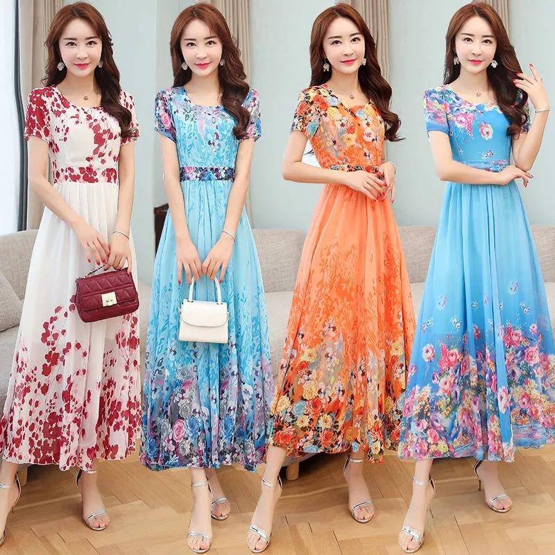 Women's Round Neck Short Sleeve A Line Midi Dress Mid Rise Elegant Floral Print Chiffon Beach Party Maxi Dress
