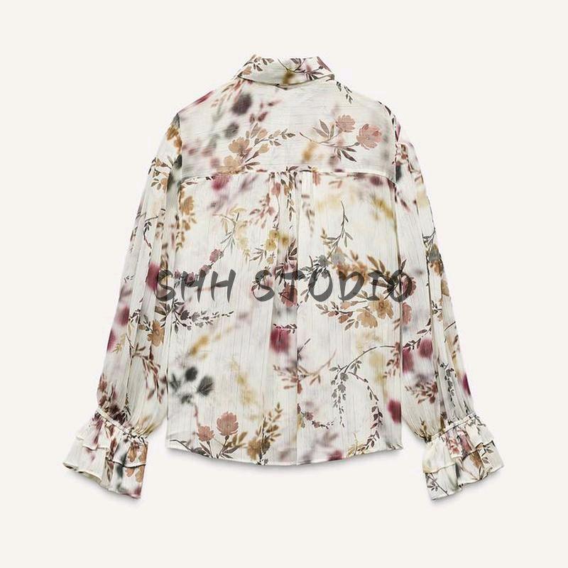 Spring New Women's Clothing Retro Style Metal Color Thread Print Fashion Lapel Long Sleeve Shirt 2522142