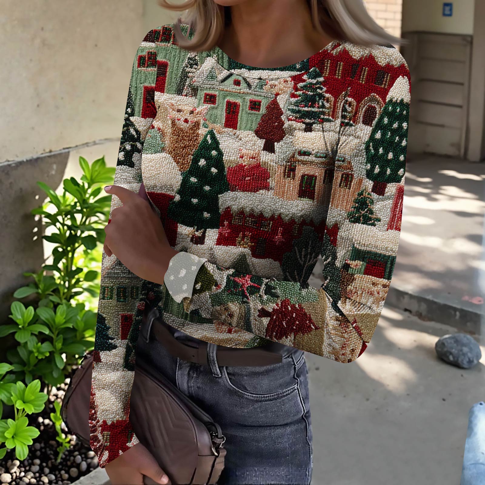 

Женская футболка с облегающим низом, модная повседневная с градиентным принтом, пуловер с круглым вырезом и длинными рукавами L зелёный