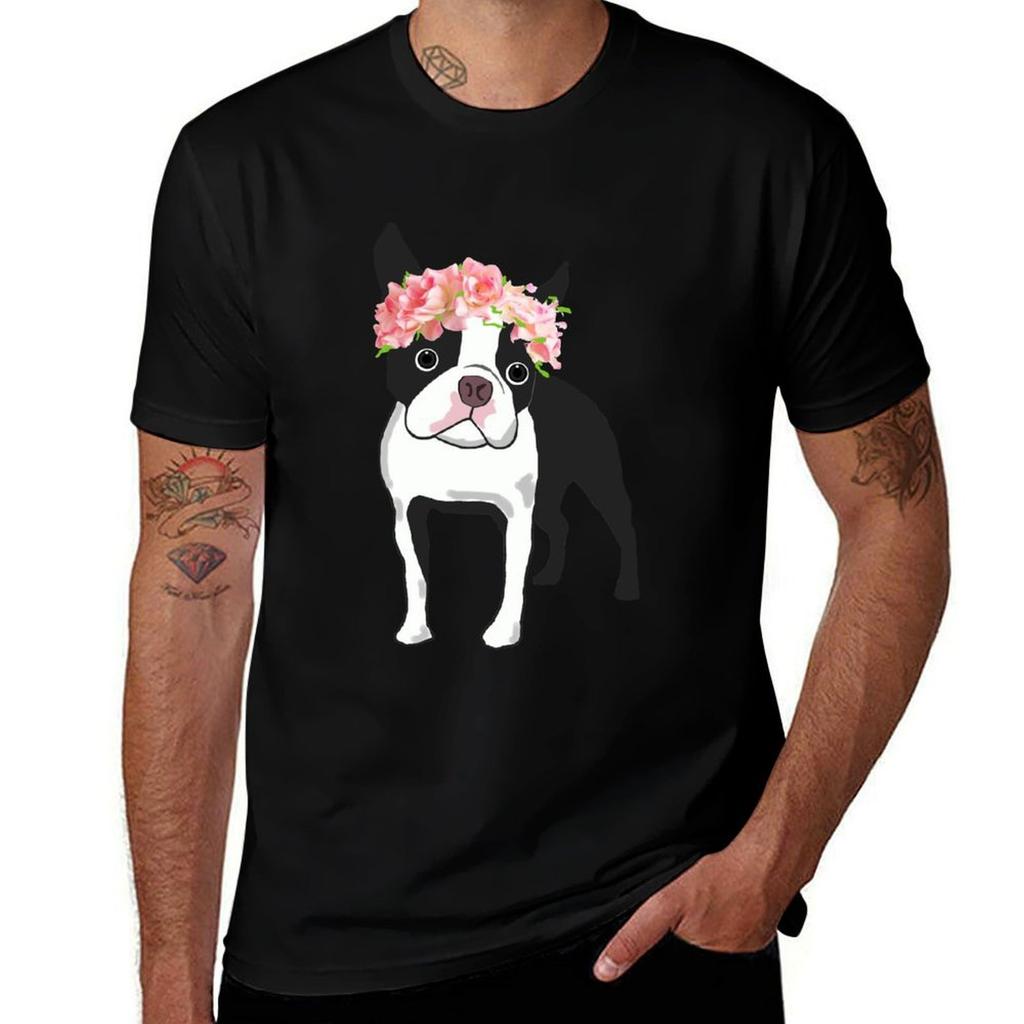 Boston Terrier And Flowers Tshirt Simple Casual Short Sleeve Cotton Tshirt