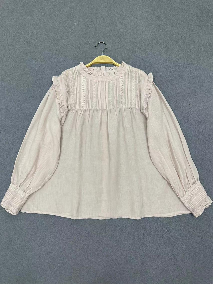 

Летняя кружевная плиссированная рубашка с воротником-стойкой и длинным рукавом от Johnature, женская тонкая повседневная рубашка Mori на осень и лето One Size розовый