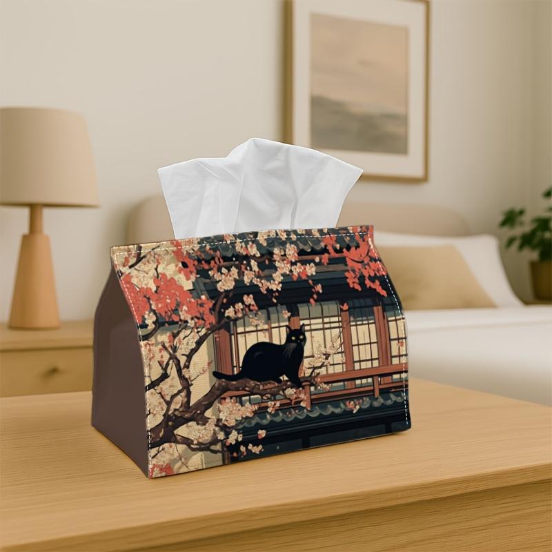 1pc Vintage Japanese Art Tissue Box- Cat Cherry Blossom Architecture Napkin Storage Box, Suitable for Rolls/facial Tissues/single Sheets, Multi-functi