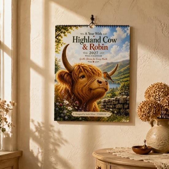 Holiday Gift for Her 2027 Highland Cow Wall Calendar, A4 Hanging Monthly Planner Home Personalized Lovers Office, Scottish Cattle Decorative Schedule