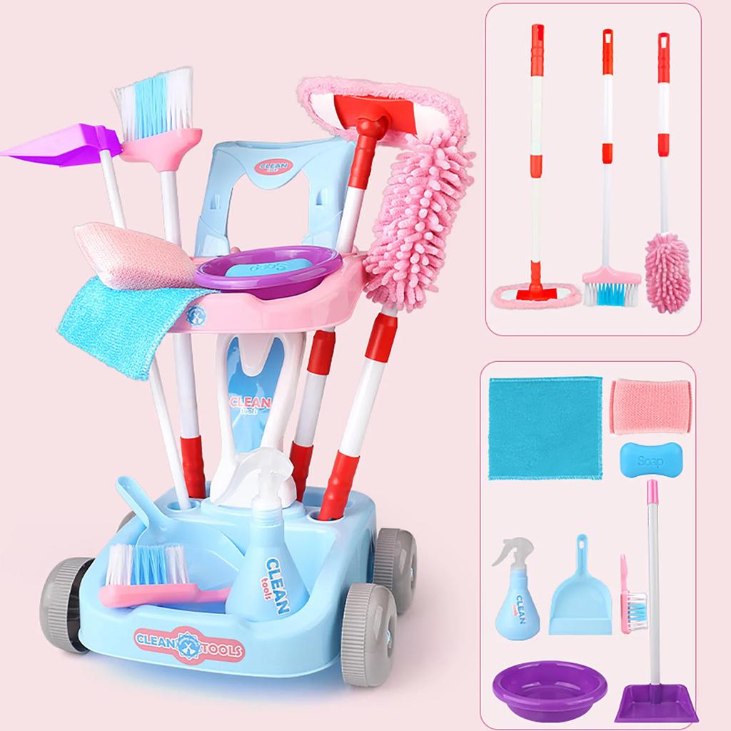 Kids Cleaning Set Toddler Cleaning Toy Set Pretend Play Housekeeping Educational Toy with Cleaning Cart Broom Dust Pan Mop