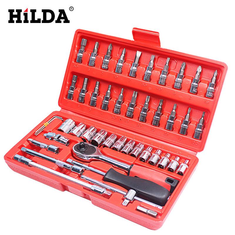 

46-Piece Auto Repair Tool Set: Wrenches, Sockets & Manual Hardware for Vehicle Maintenance.