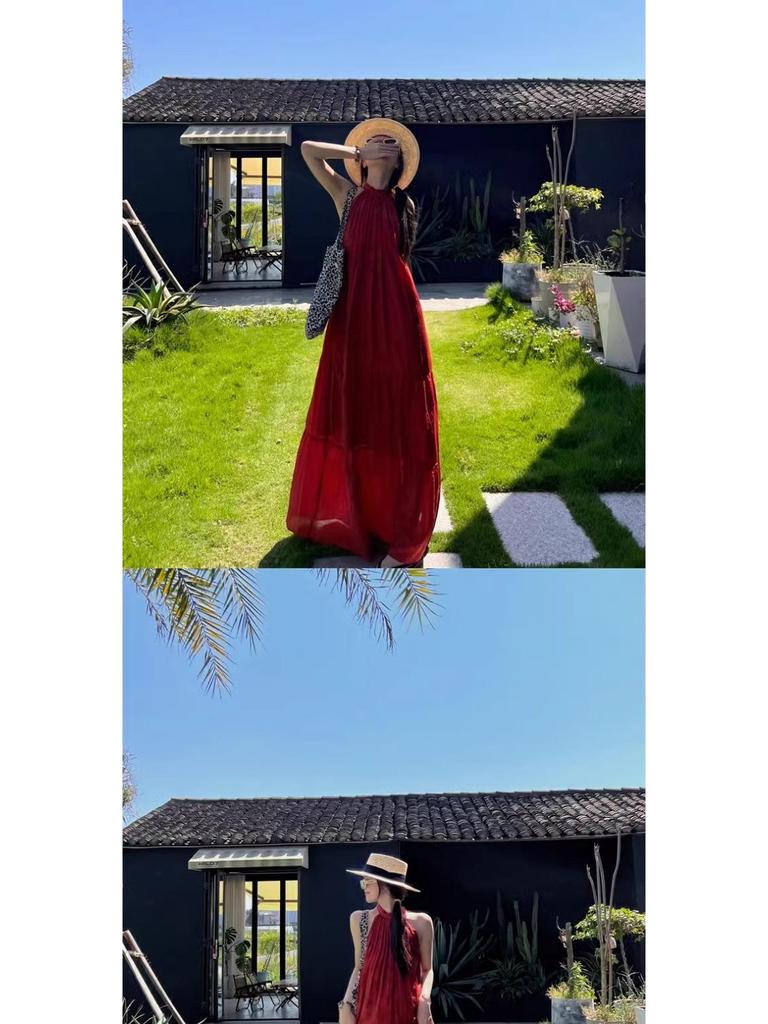 Retro Chinese Style Red Halter Neck Dress for Women - Summer Seaside Vacation Long Flare Skirt