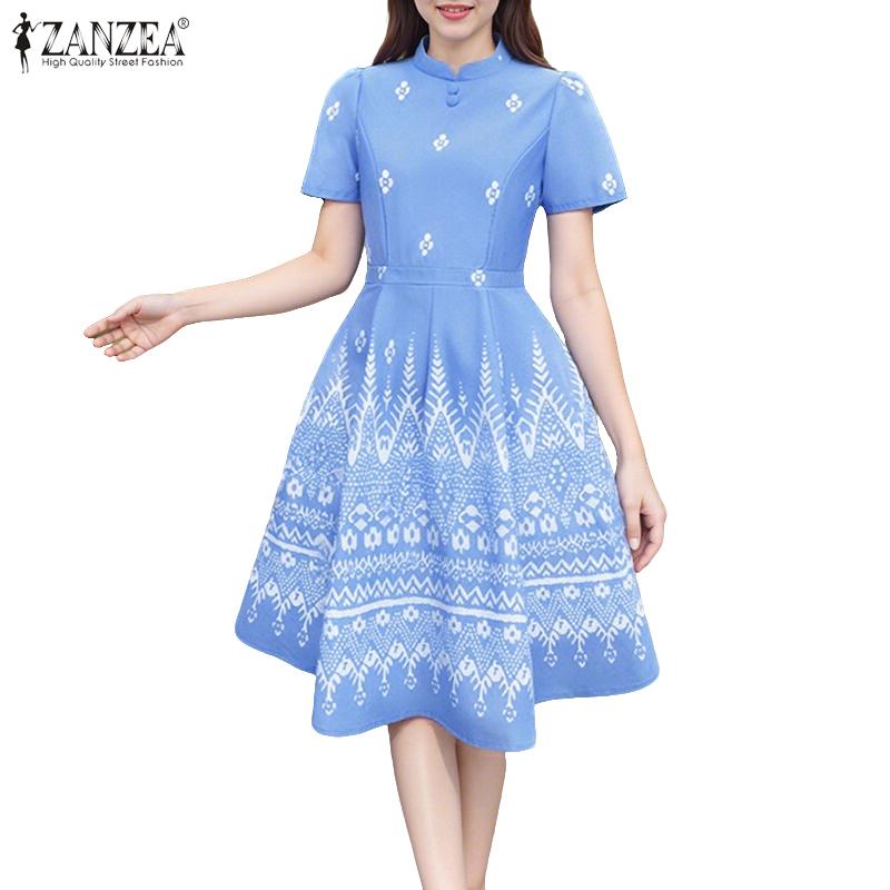 ZANZEA Women Summer Stand Collar Short Sleeve Casual Print Dress