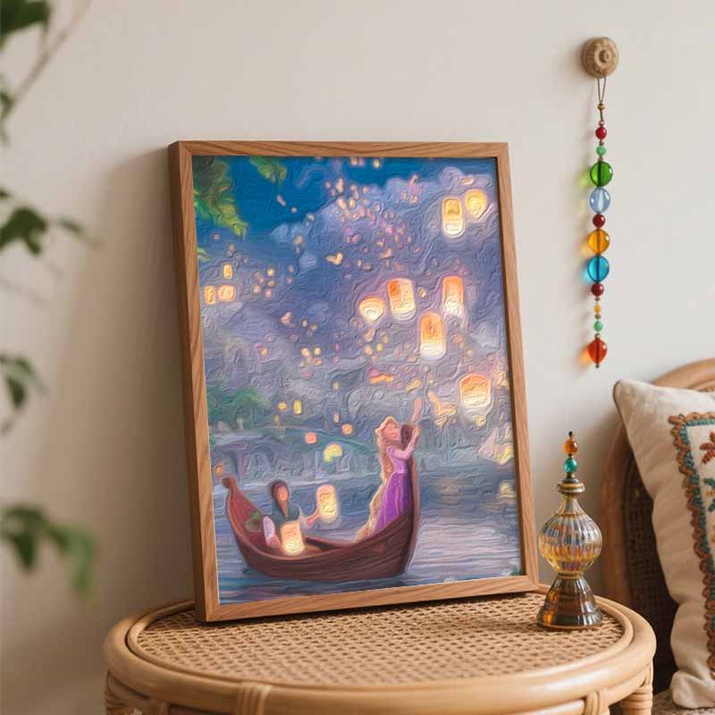 Disney Oil Painting DIY Digital Painting Tangled Rapunzel Lantern Scene HandPainted Wall Art for Living Room or Entryway.