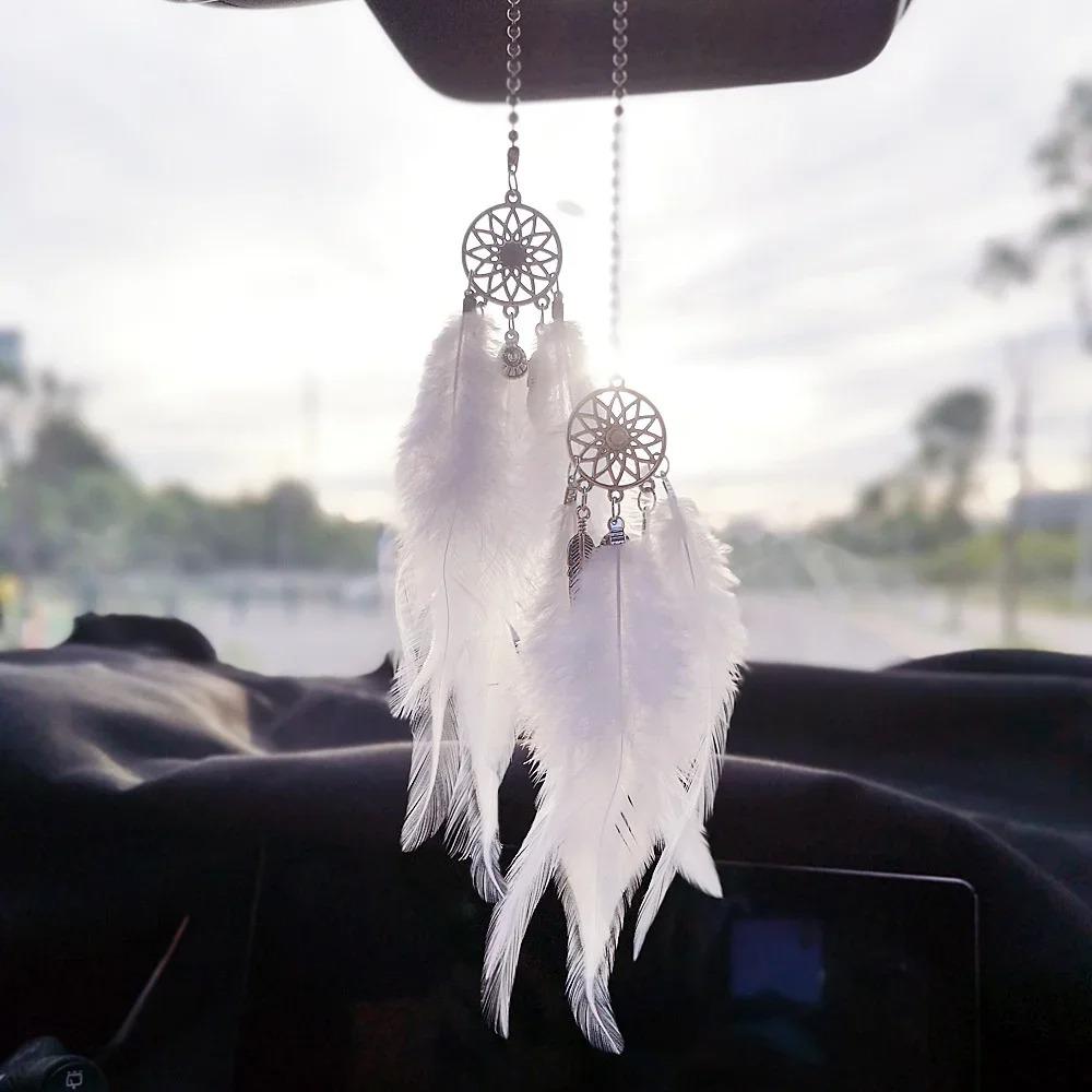 Feather Mirror Car Pendant for Girls Lucky Ornament Hanging Charm Home Decor Car Interior Accessories
