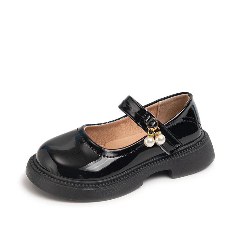 Girls Black Leather Shoes Princess Sweet Flat Mary Janes with Pearl Pendant for Wedding Party Back To School Dress Flats 26-36