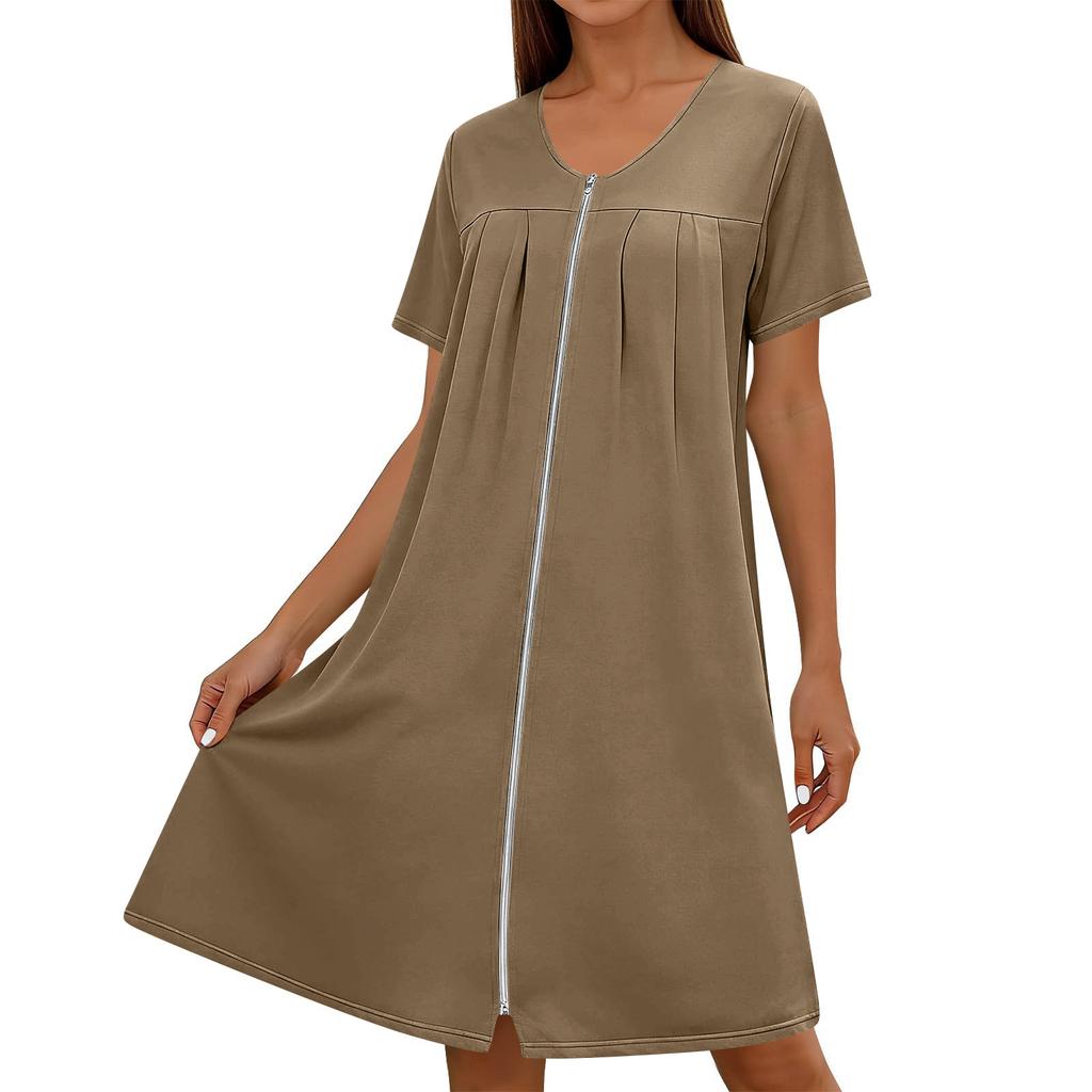 Women's Color Round Neck Short Sleeve Sleep Dress with Pockets and Zipper - Loose Fit Casual Nightgown for Home, Lounging, and Bedtime