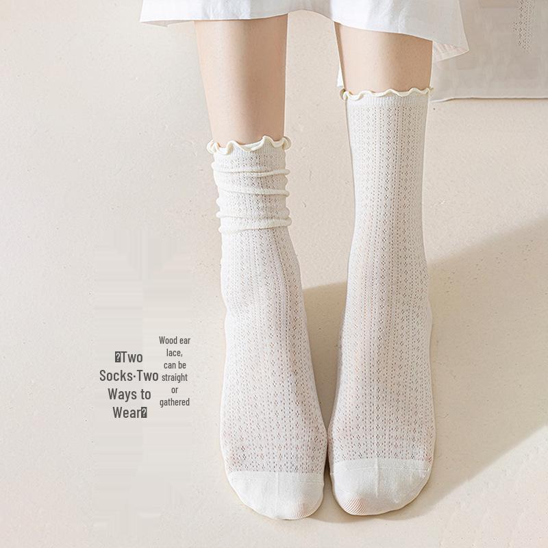 Women's Korean-Style Ruffle Mesh Maternity Socks - Breathable Cotton, Mid-Calf, Loose Cuff, Summer Socks