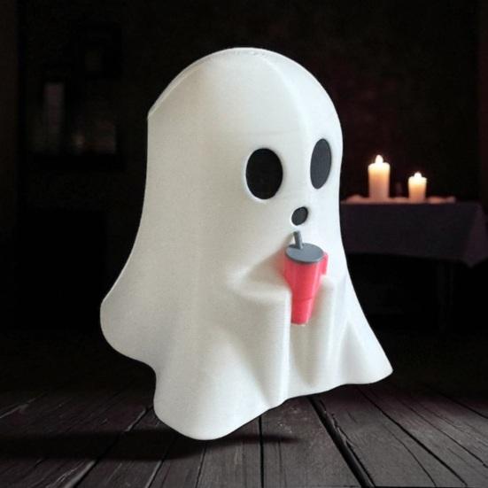 Halloween Ghost Figurine Spooky Ghost Holding Cup Statue for Indoor Home Office Desktop Halloween Decor