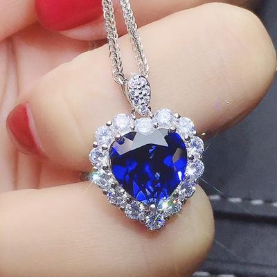Titanic Inspired Blue Heart Cubic Zirconia Pendant Necklace with Halo Setting Silver Tone Statement Necklace for Women