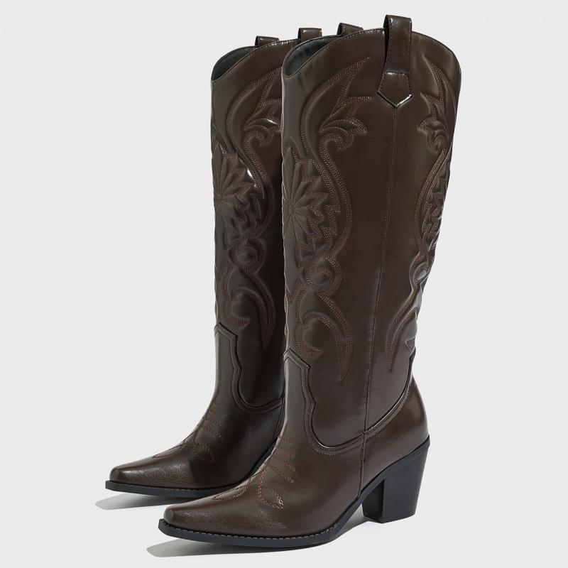 Móda Velikost 36-42 Retro Zimní Kozačky pod Koleno Dámské Pohodlné Chůze Dámské Westernové Kovbojské Boty Nízký Podpatek Boty Zapatos De Mujer