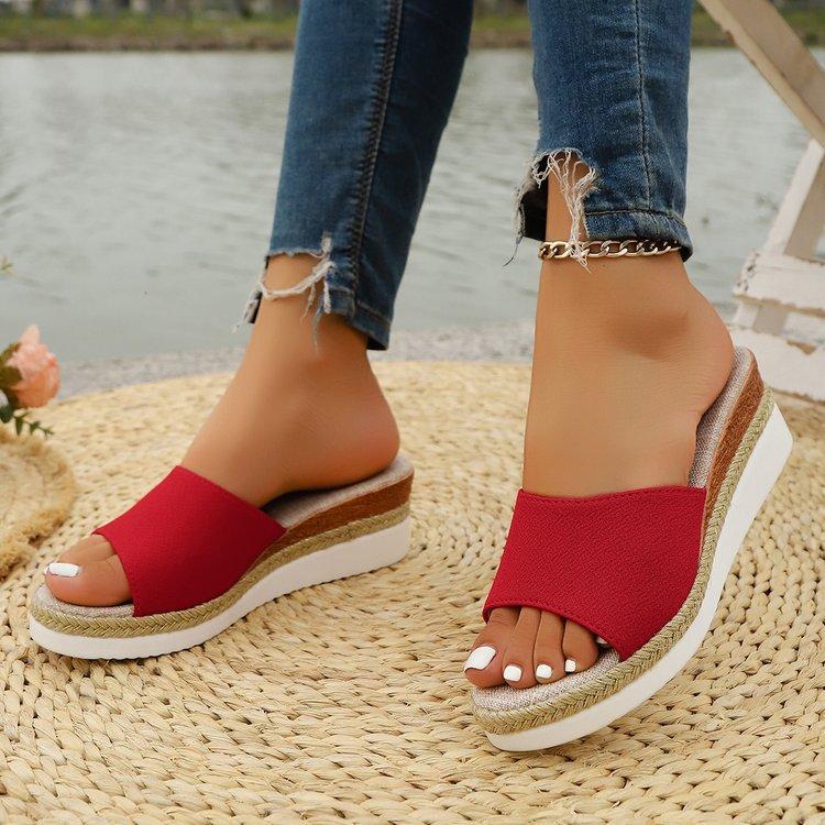 Large size summer slippers women's wear new fashion one-word slope heel cool slippers