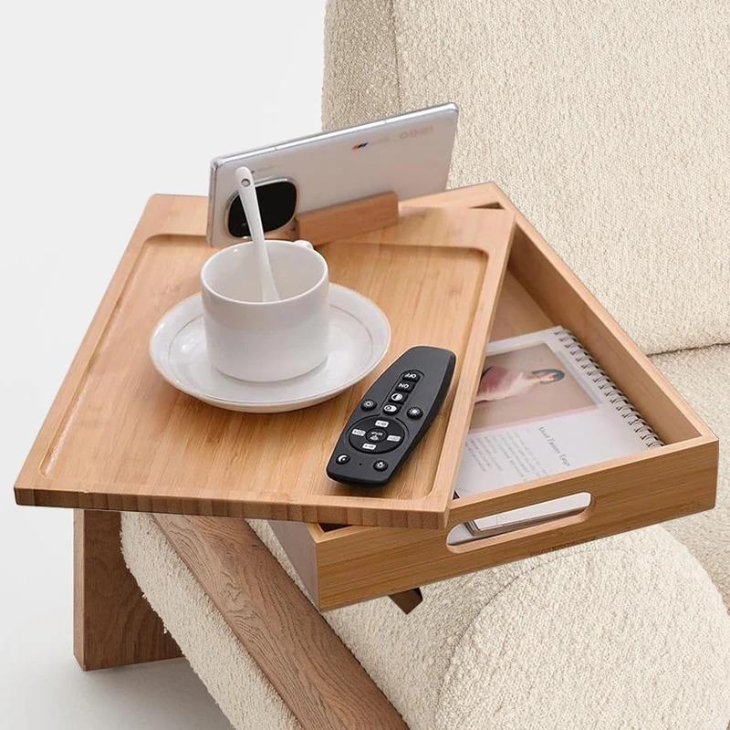 Bamboo Couch Tray, Multi-Function Folding Sofa Armrest Tray With 360°Rotating Phone&Pad Bracket, Tv Tray For Eating And Beverage