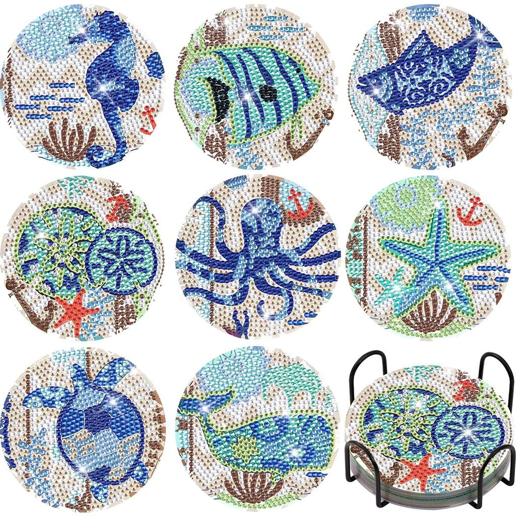 KAKISO 8-Piece DIY 5D Diamond Painting Coasters with Holder for Crafts, Diamond Art, Handmade Diamond Painting Coasters, Underwater Blue Sea