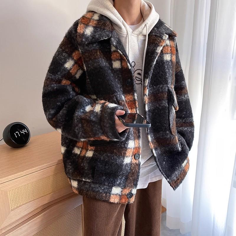 Men's Retro Plaid Wool Coat: Trendy, High-End, Thickened, Warm, Autumn/Winter Casual Jacket