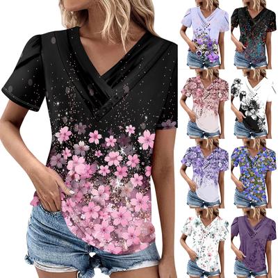 Women's T Shirt Tee Casual V-neck Short-sleeved T-shirt Solid Button Top