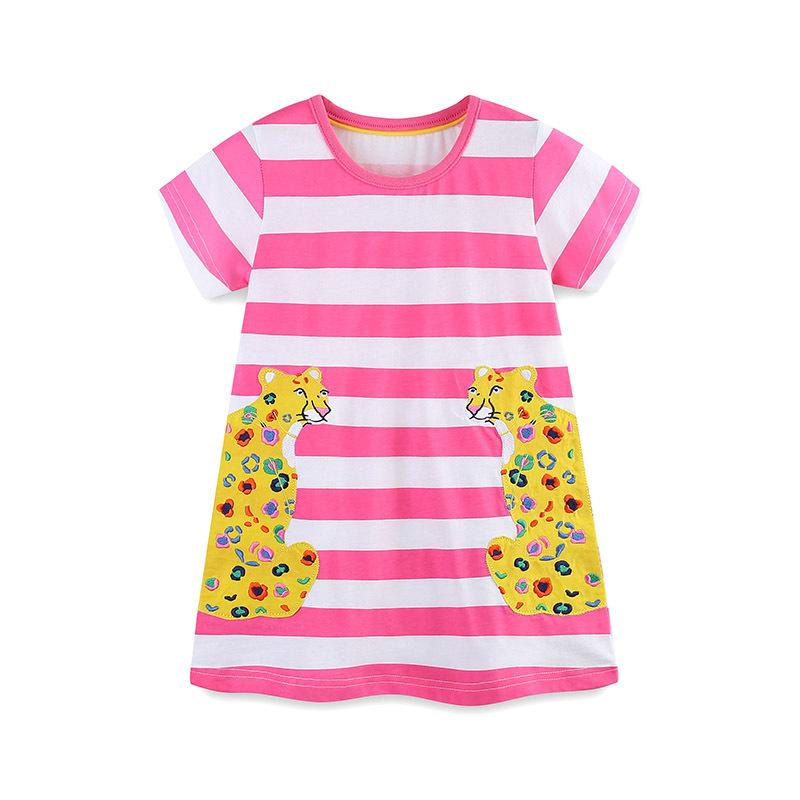 Summer Girls Dress Striped Crew Neck Children s Skirt Cartoon Animal Embroidery Patch Princess Dress 2Y(90cm)