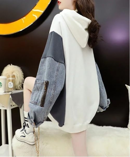 Arcade Oversized with Denim Lightweight Pullover Free White Women's Hoodie, Lightweight, Fall/Winter, Sleeves, Sweatshirt, Hoodie, Size,