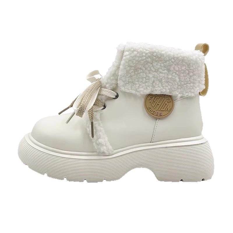 Snow Boots Women's Winter 2025 New College Style Small Leather Shoes Velvet Martin Boots Thick-soled Warm Big Head Ugly Cute Cotton Shoes