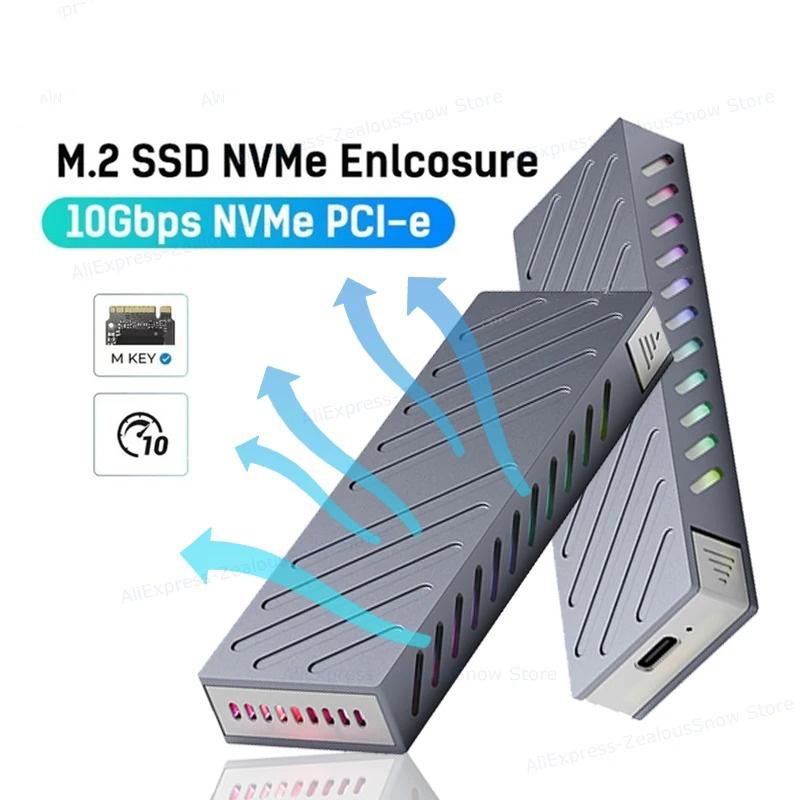 M.2 NVMe SSD Enclosure 10Gbps PCIe SSD Case Aluminum Alloy External Hard Drive Box USB 3.1 Interface RGB Colorful Light Tool Free Support UASP