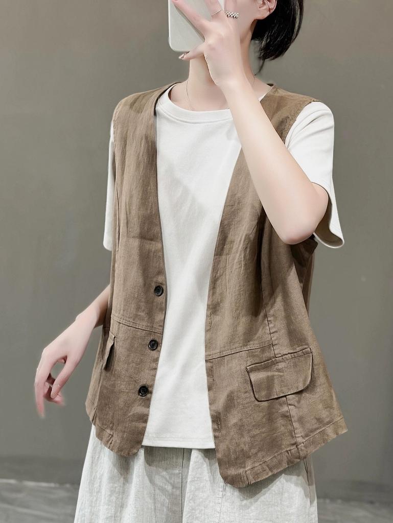 Women Linen Vest Summer Solid Color Sleeveless Waistcoat Single‑Breasted Button Casual Commuter Open Top