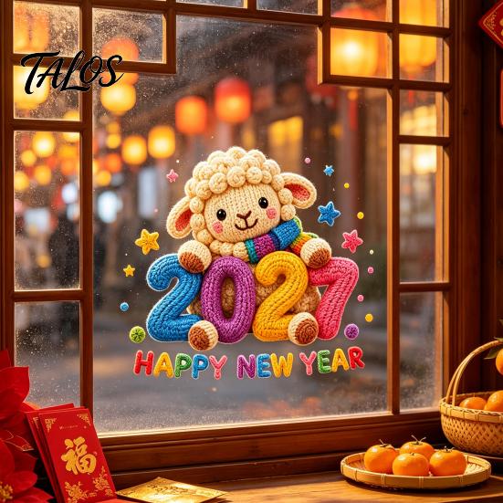 Removable Holiday Stickers Chinese New Year Window Stickers, 2027 Goat Static Clings, Reusable Easy Apply Film Crochet Knit Lamb Decor for Home