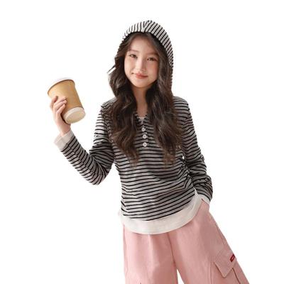 LUSON Girls' Striped Hooded Long Sleeve Fake Two-Piece T-Shirt