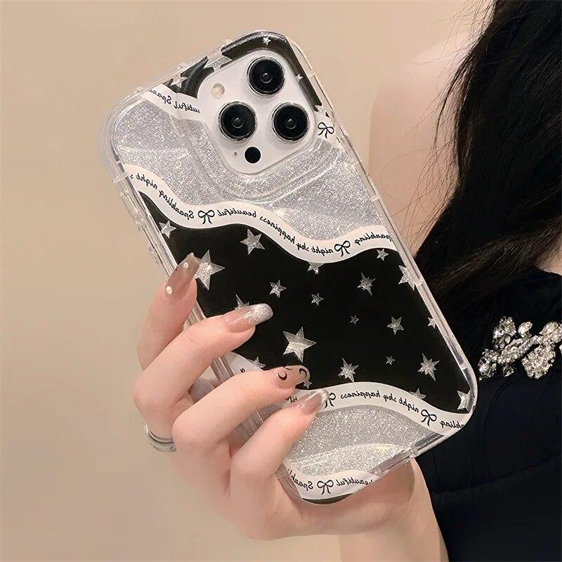 Süße Glitzer Stern Handyhülle für iPhone 14 Pro Hülle iPhone 13 12 11 15 Pro Max XS XR X 7 8 15 Plus SE Lanyard Chain Back Cover