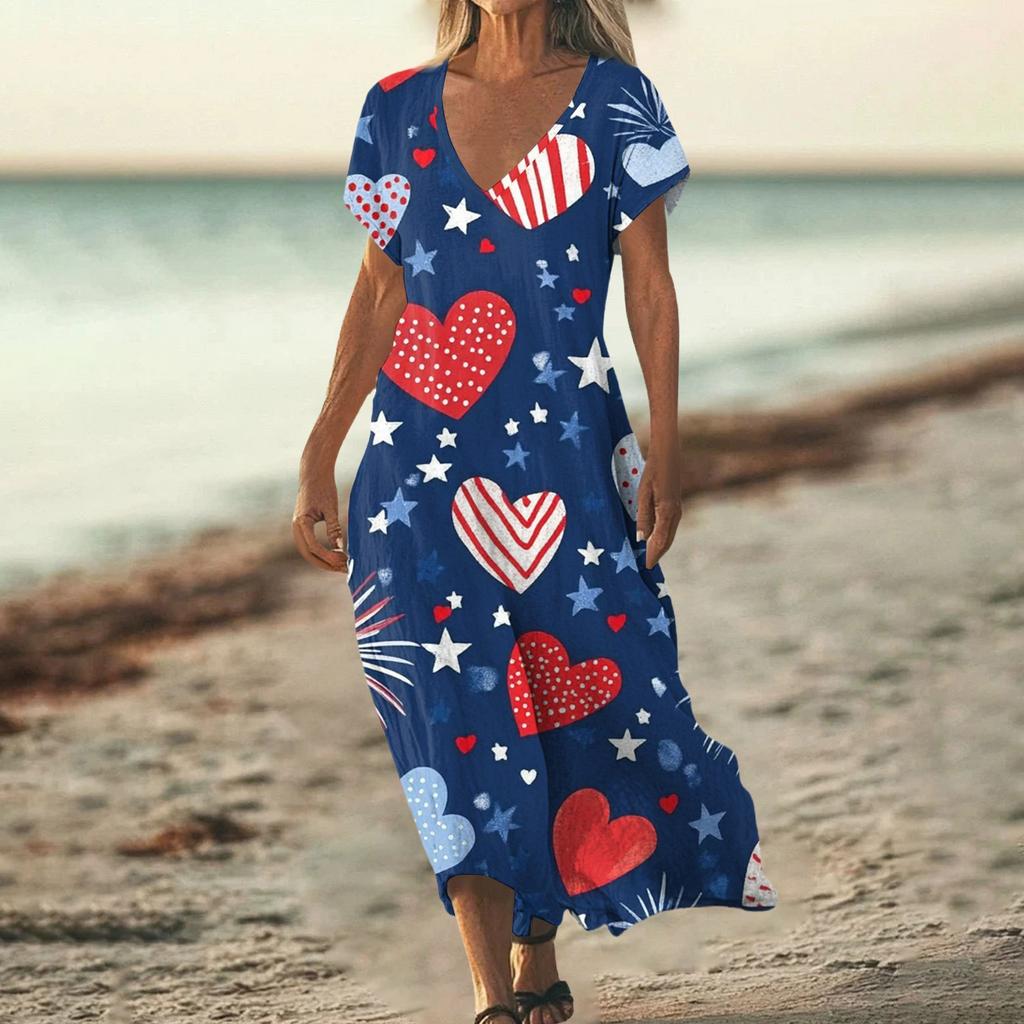 Sommerkleid Damen Lang Strandkleid Elegantes Kleid V-Ausschnitt Kurzarm Sommerkleid Leicht Luftig