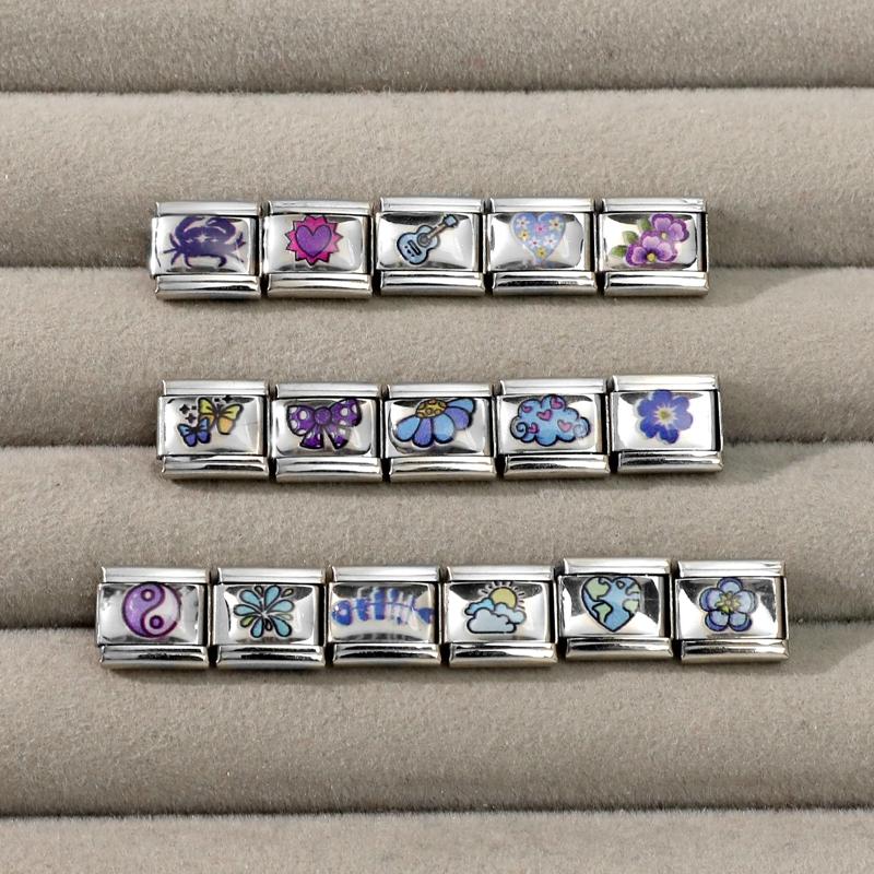 Y2K Dreamy Blue Purple Butterfly Tai Chi Flower Crab Bow Italian Charm Links Fit 9mm Stainless Steel Bracelet DIY Making Jewelry