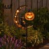 Jack-o-lantern Solar Lights Halloween Garden Stake Light, Soft Warm Jack-o-Lantern, Moon Cat Amber Silhouette Outdoor Pathway Decor, Waterproof Metal