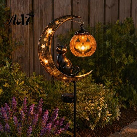 Jack-o-lantern Solar Lights Halloween Garden Stake Light, Soft Warm Jack-o-Lantern, Moon Cat Amber Silhouette Outdoor Pathway Decor, Waterproof Metal