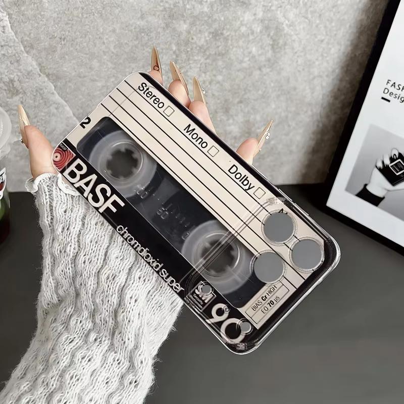 Retro Style Black Cassette Pattern Clear Phone Case For Samsung Galaxy S26 S25 S24 S23 S22 S21 S20 Ultra Plus A72 A71 A73 Cover