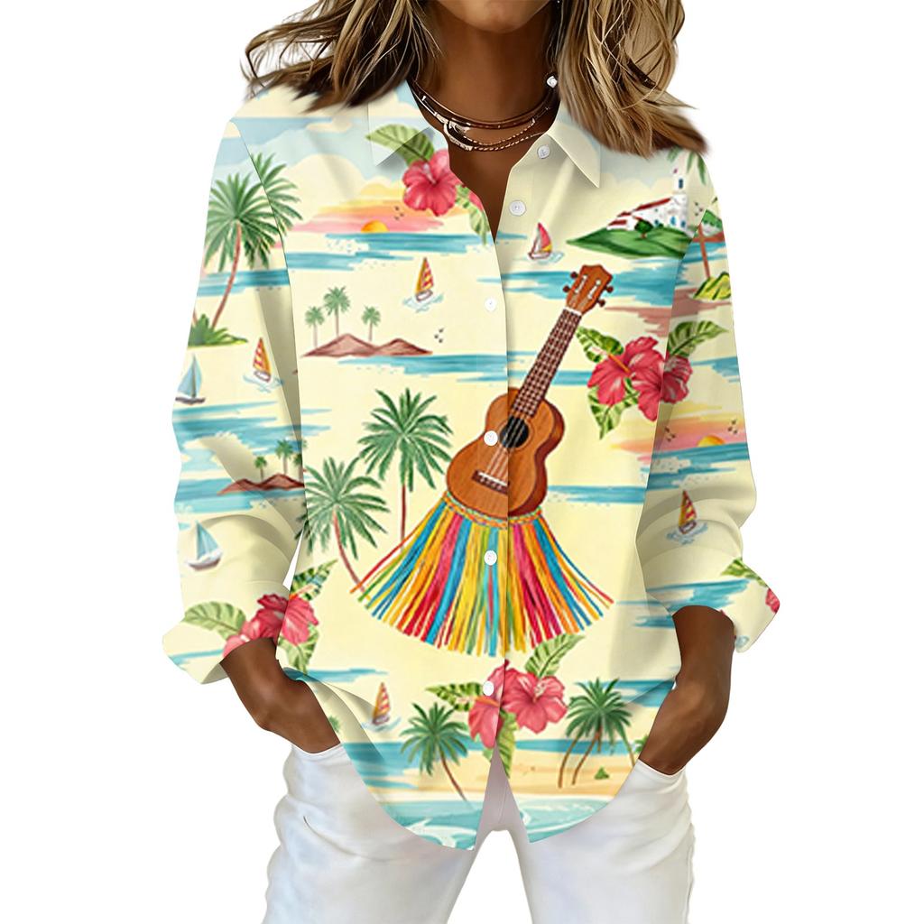 Women's Shirt Hawaii Print Button Up Long Sleeved Casual Regular Shirt With Collar Top