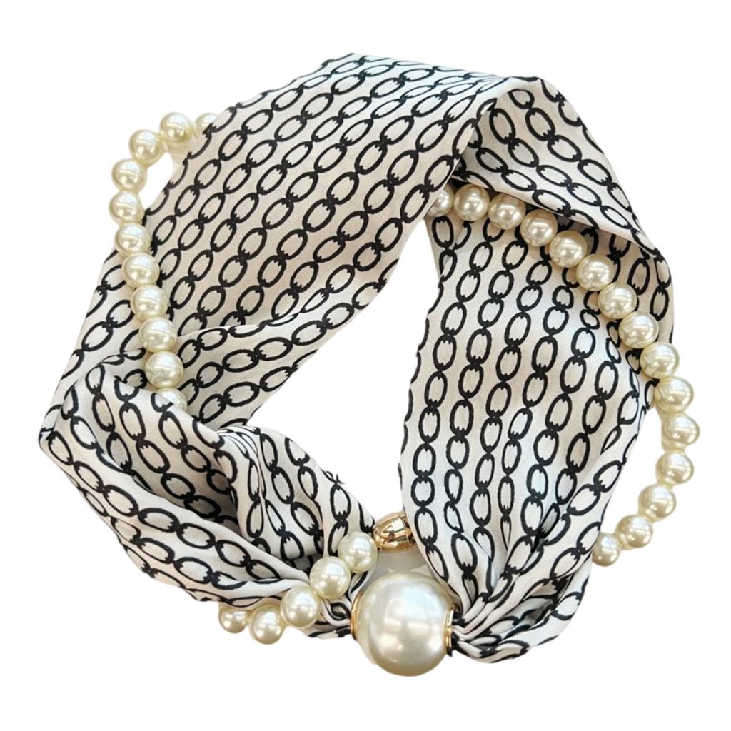 Magnetic Clasp Pearls Chain Necklace Floral Satins Scarf Elegant Silk Skinny Narrow Neckerchief for Fashionable Women
