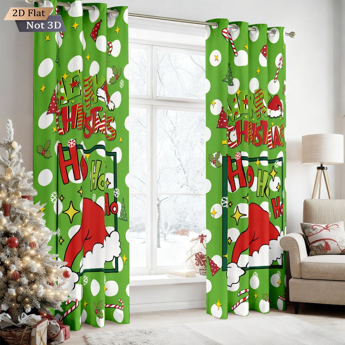 

2pcs Merry Christmas hat green printing perforated blackout curtains various sizes living room holiday insulation decoration 100*130 HOOK 1pcs