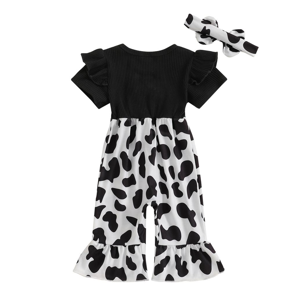 Baby Girl 2Pcs Spring Outfits Short Sleeve Round Neck Cow Embroidery Jumpsuit with Headband Set Newborn Clothes