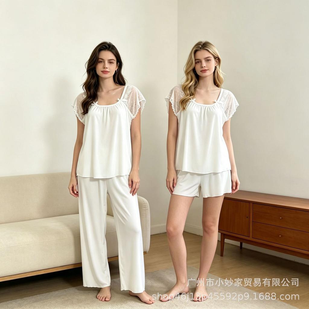 Women's Pajamas Set Lace Splicing Thread Short Sleeves Short Sleeves Trousers Sweet Loungewear Three-piece Set Popular