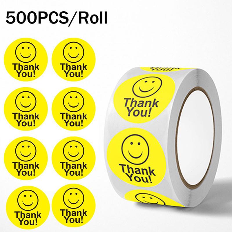 500pcs/roll Yellow Smile Face Sticker Thank You Circle Label Sticker Office Stationery 2.5cm