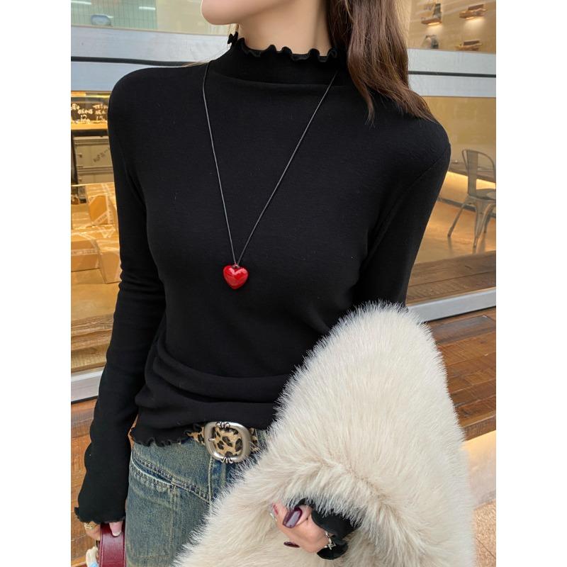 Dark Gray Fungus Lace Semi-turtleneck Polished Bottoming Shirt Women's Inner Autumn and Winter Collar Top