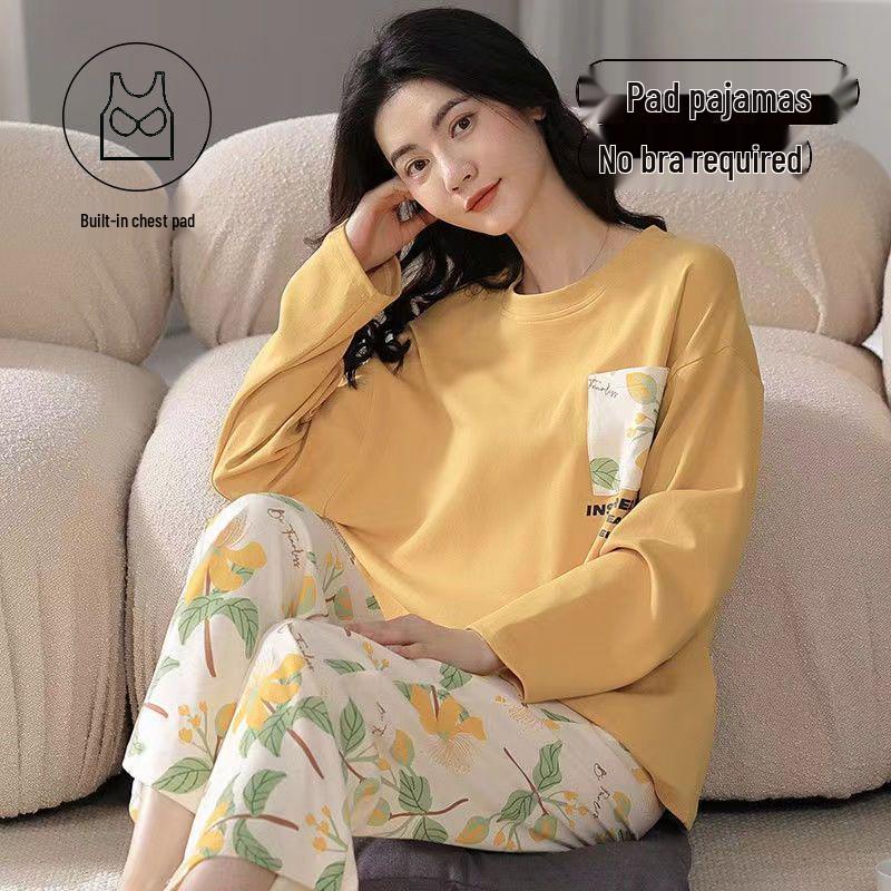 Women's Pajama Set with Chest Pad - Long Sleeve, Long Pants, Plus Size, Casual Homewear for Spring, Autumn, Winter
