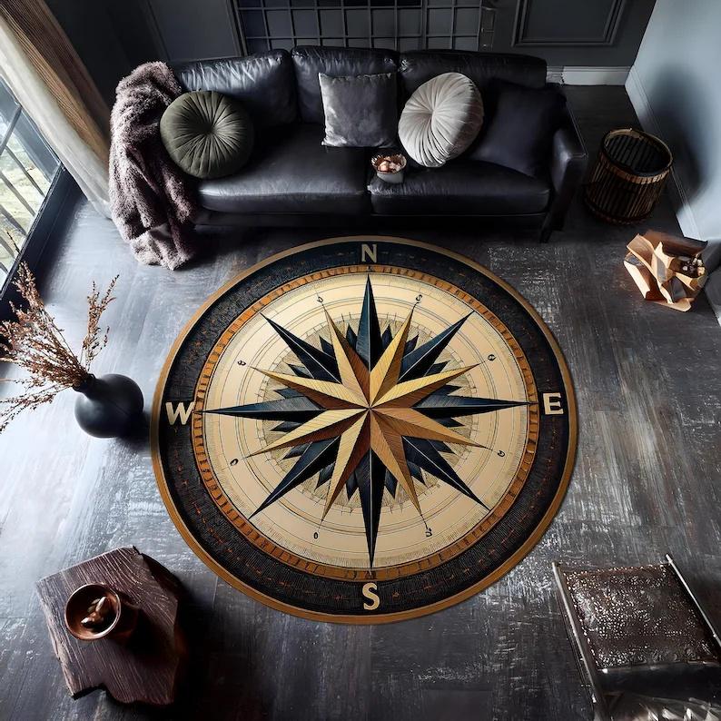 Compass Circular Carpet Navigation Series Floor Mat Foyer Navigator Bedroom Bedside Sofa Carpet Home Decoration Rug