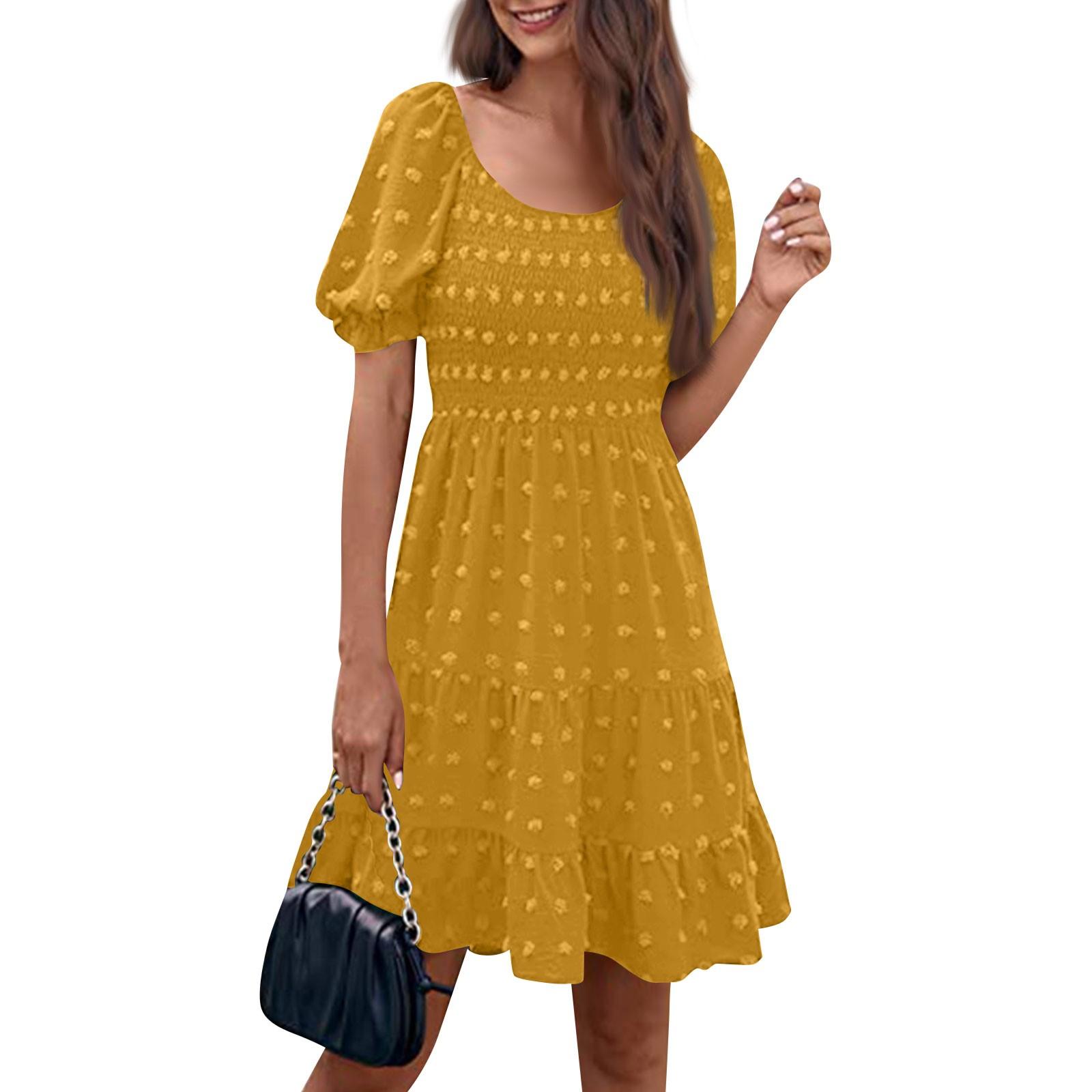 

Женские модные повседневные однотонные платья с квадратным вырезом и коротким рукавом в горошек XL жёлтый