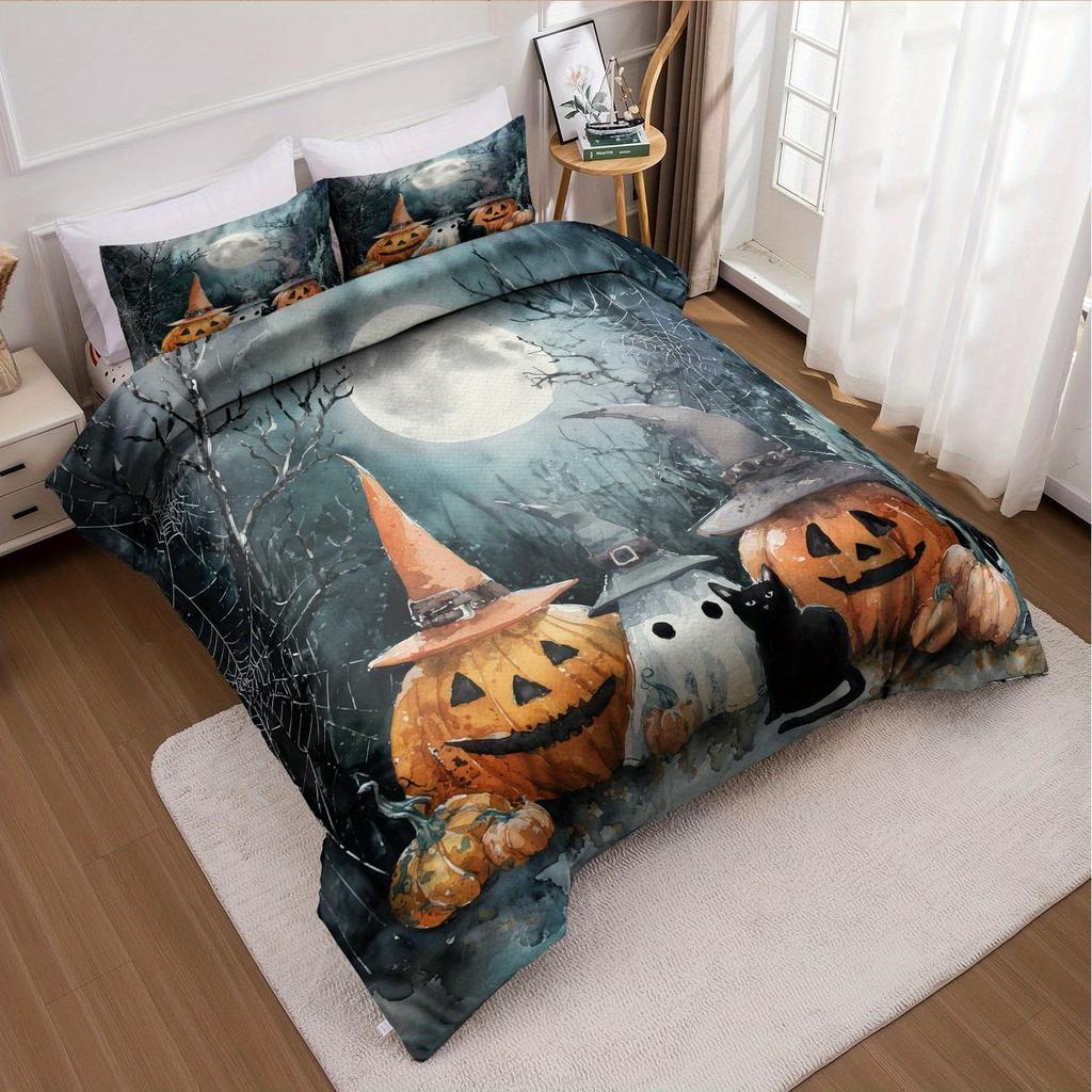 3pcs Halloween Duvet Cover Set without Insert, Soft Polyester Quilt Cover with 2 Pillowcases, Blue Green Witch Hat & Pumpkin