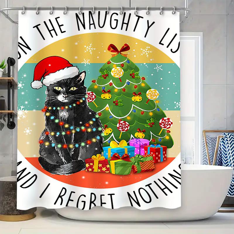

Рождественский Декор Занавеска для душа Праздничный Дизайн с Елкой и Подарочными Коробками для Украшения Ванной Комнаты Черный Кот Рождественский Свитер X 90x180cm