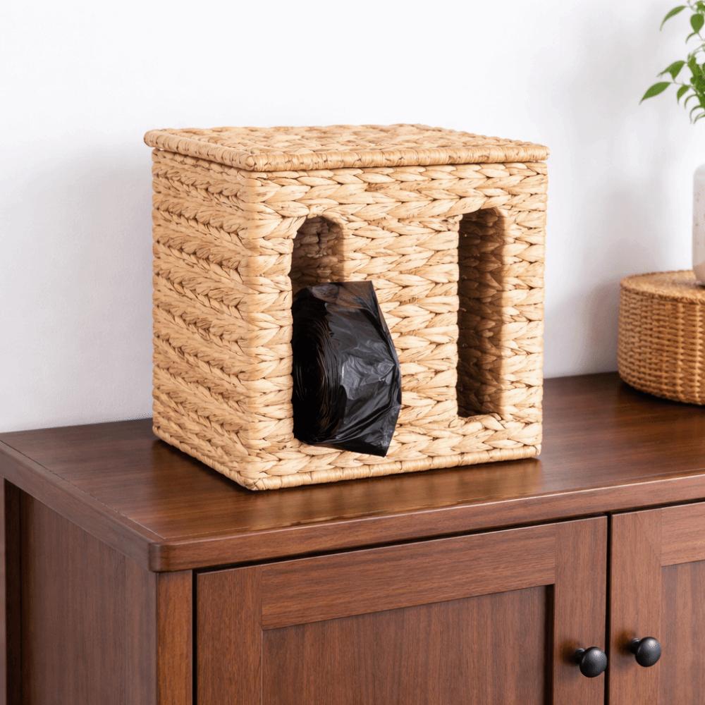 Rectangular Straw Weaving Storage Basket Wall Mounted Large Capacity Tissue Box with Lid Garbage Bag Storage Box for Kitchen